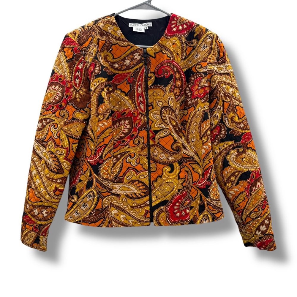 Maggy London 100% Silk Paisley Print Full Zip Jacket Sz 10 Tan, Brown, Orange